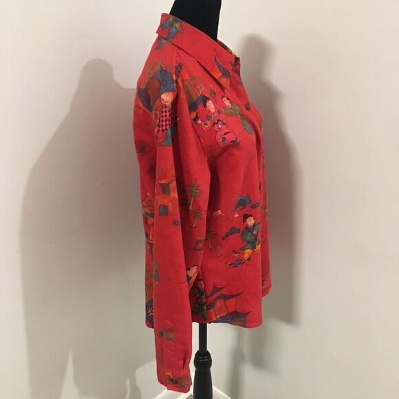 CHICO'S Red Faux Suede Chinese Scene Long Sleeve Blouse Jacket Sz 1 or Small - Picture 3 of 8